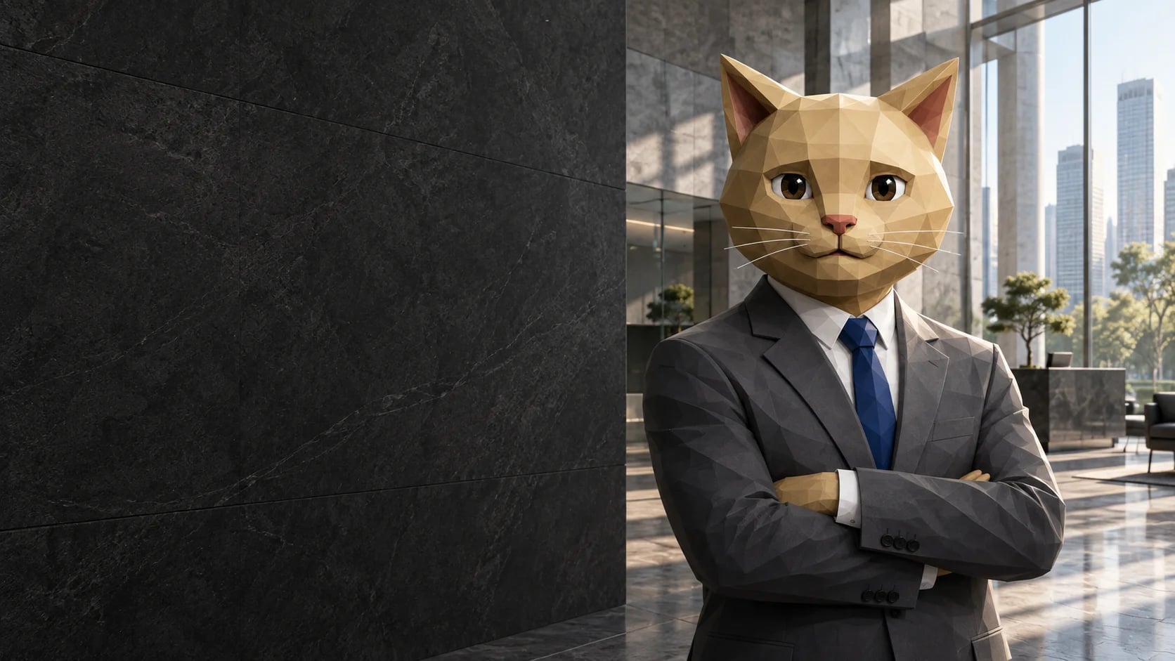 Low-poly CATCO executive in a graphite suit at a modern corporate headquarters